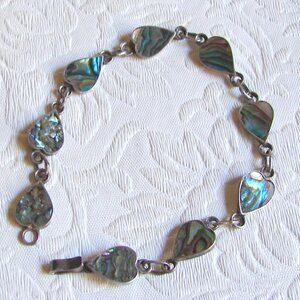 Vtg 70's Abalone Heart BRACELET 925 Sterling Silver, Eagle Mark Taxco Mexico F14